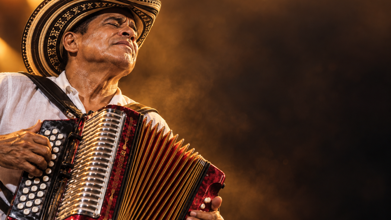 Acordeonero interpretando vallenato tradicional colombiano durante una parranda