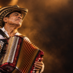 Acordeonero interpretando vallenato tradicional colombiano durante una parranda